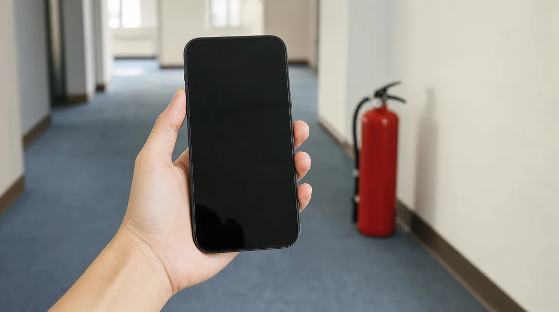 廊下でスマートフォンを手に持ち、奥に赤い消火器が置かれている