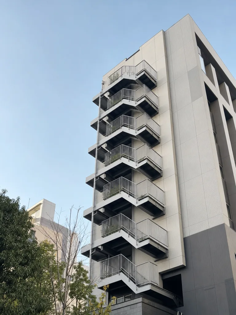 晴れた空の下、外壁に鉄骨の屋外避難階段が取り付けられた中層ビル