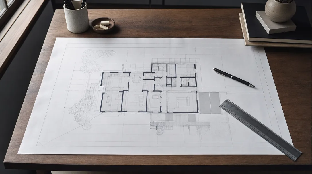 机の上に広げられた建築の平面図と、スケール定規、シャープペンシル